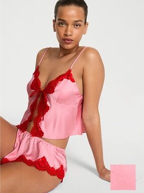 Victoria's Secret Pink Satin Cami & Red Lace Trim Set flutter shorts set angel